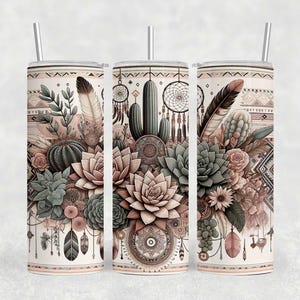 Boho Aztec Tumbler Wrap: Western Cactus Succulent Design (PNG, JPEG Digital Download)