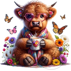 Watercolor Spring Highland Cow Clipart Set , Easter Spring Highland Cow Clipart Bundle, Baby Cow Clipart Bundle, Easter Sublimation Design