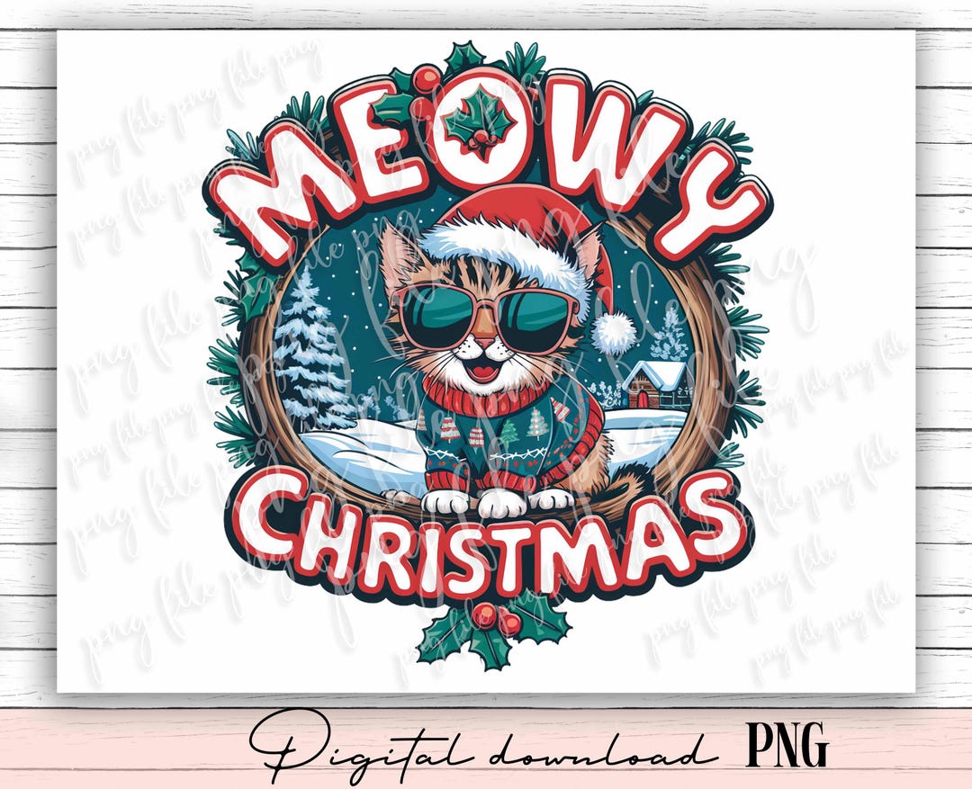Meowy Christmas Cat Clipart: Retro Funny Cat PNG (digital Download) - Etsy