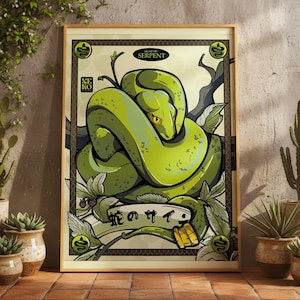 Peut inclure: Une impression d'art rectangulaire représentant un serpent vert vif enroulé aux yeux jaunes reposant sur une branche sombre. Le design inclut le texte "SIGNE DU SERPENT", "NEKO" et des caractères japonais, encadré par une bordure décorative.