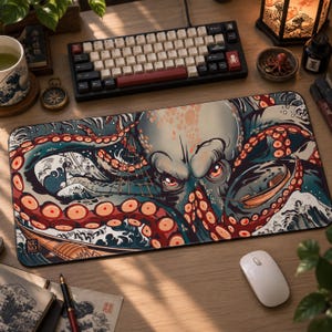 Schreibtischunterlage mit japanischem Oktopusmotiv, extragroßes Mauspad (90 x 40 cm), Gaming-Tastatur mit Ozeanwellenmotiv.