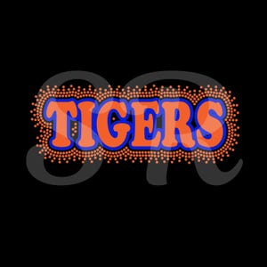 May include: Orange and blue "TIGERS" text with a blue outline and a dotted orange border, set against a black background. The design has a retro, collegiate feel.