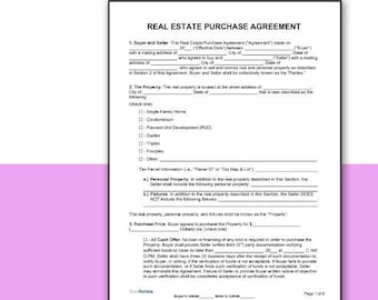 Real Estate Purchase Sales Agreement | Residential Purchase Contract | Property Purchase Agreement US Letter Size Editable PDF File Download