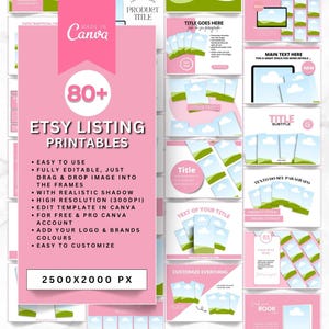 May include: A pink and green Etsy listing template with 80+ customizable frames. The template features a landscape scene with clouds and hills. The text "Etsy Listing Printables" is in a large, bold font. The text "Easy to Use", "Fully Editable", "Drag & Drop Image", "High Resolution", "Edit Template", "Add Your Logo", and "Easy to Customize" are listed as features. The template is 2500x2000 pixels.