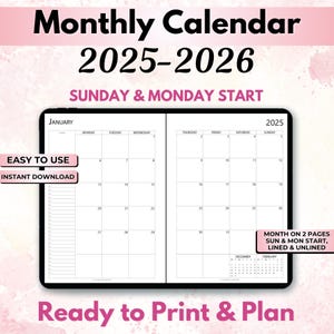 Calendario mensual imprimible 2025 2026 con fecha, dos páginas rayadas y sin rayar, inicio domingo-lunes, tamaño carta A4-A5, descarga