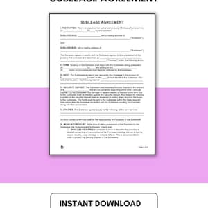 Op de afbeelding: Een roze en wit printbaar onderhuurcontract met de titel "Sublease Agreement" in vetgedrukte zwarte tekst. Het document is voor een onderverhuring van onroerend goed en bevat secties voor de partijen, de termijn, de huur, de borg, de nutsvoorzieningen en een inchecklijst.