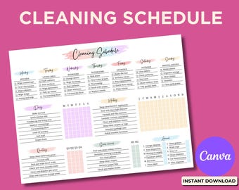 Puede incluir: Un horario de limpieza imprimible con fondo rosa. La hoja blanca presenta un diseño colorido con secciones para cada día y tareas de limpieza. El texto incluye "Cleaning Schedule" y "Ready to Print & Editable".