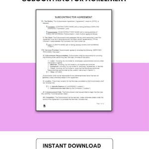 Könnte beinhalten: Ein Dokument mit dem Titel „SUBCONTRACTOR AGREEMENT“ mit Text, einschließlich Abschnitten zu Parteien, Dienstleistungen und Verantwortlichkeiten. Das Dokument befindet sich auf weißem Hintergrund mit einem rosa-lila Farbverlauf. Unter dem Dokument stehen die Worte „INSTANT DOWNLOAD“ und „EDITABLE FILE | 03 PAGES“.