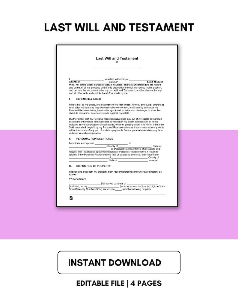Last Will and Testament Contract Form Download Last Will and Testament Printable Last Will and ...