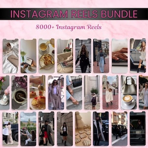 Puede incluir: Un collage de 25 imágenes que muestran diversas escenas, incluyendo café, pasteles, moda y paisajes urbanos. El texto "INSTAGRAM REELS BUNDLE" y "8000+ Instagram Reels" se muestra en la parte superior del collage.