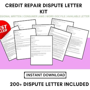 Puede incluir: Un kit de descarga digital para cartas de disputa de reparación de crédito. El kit incluye más de 200 cartas escritas por profesionales e incluye leyes de consumo. El kit está disponible en un archivo de documento de Word y en varios tamaños de carta. La imagen muestra una colección de cartas con el texto "BEST SELLER" y "INSTANT DOWNLOAD" en la página.