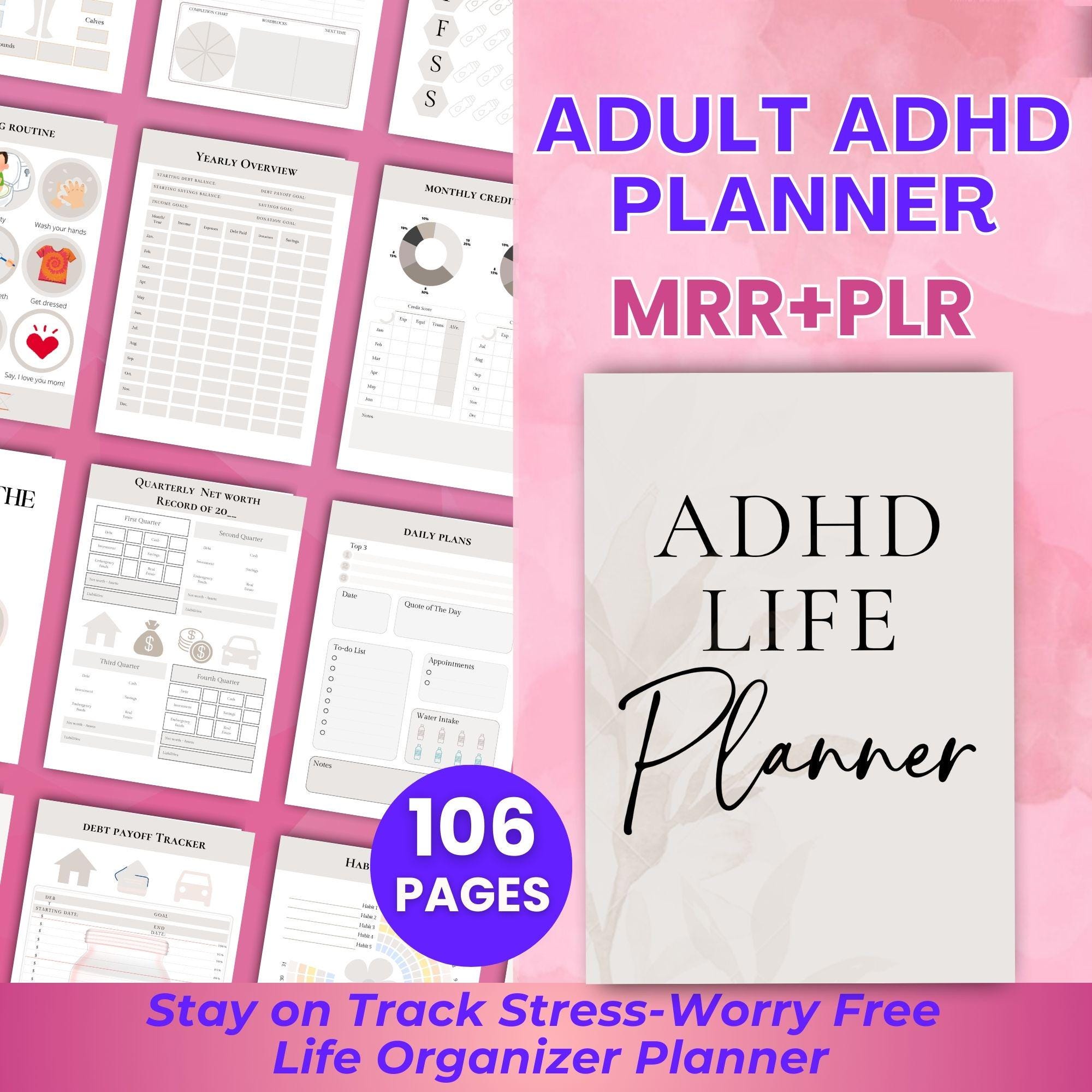 ADHD Planner Adult Printable Digital Productivity Journal D.F.Y. Resellable Commercial Rights Planner Journal Private Label Rights 106 Pages