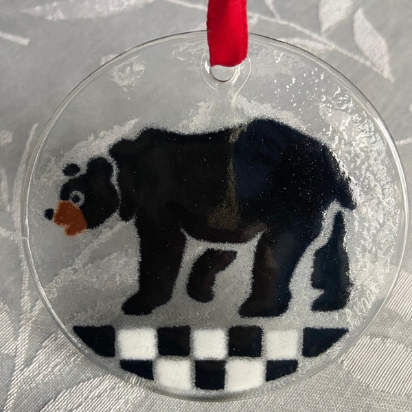 Vintage L.L. Bean Glass Black Bear Ornament Signed Peggy Karr