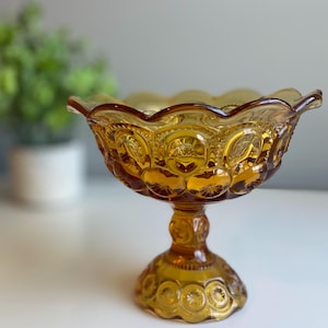 Vintage LE Smith Amber Moon & Stars Compote Pedestal Bowl