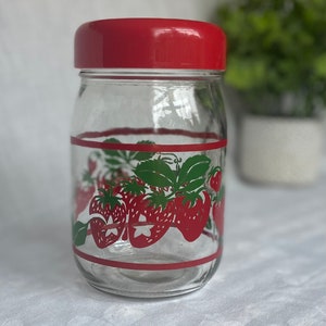 Vintage Glass Strawberry Canister Jar with Red Plastic Lid