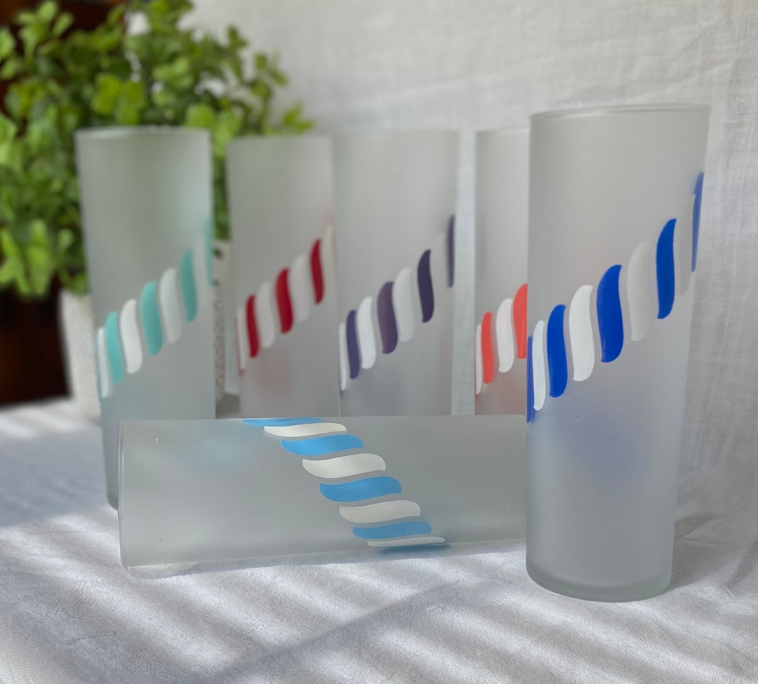 Vintage Libbey Frosted Candy Stripe Tom Collins Glasses Set 6 Etsy