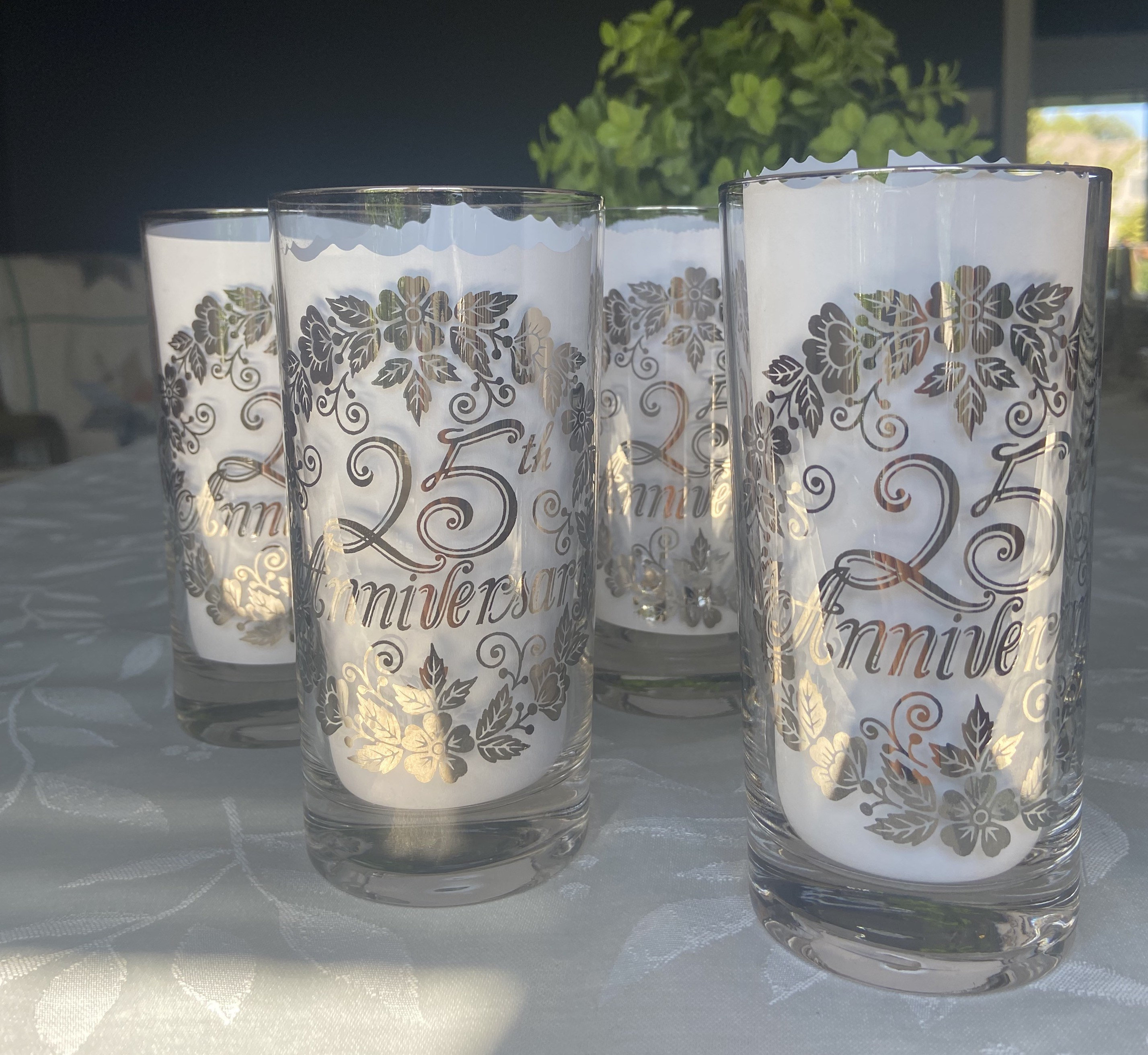Set 4 Vintage Silver 25th Anniversary Glass Highball Tumbler