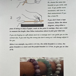 May include: Image showing how to measure your wrist for bracelets. Instructions include using a tape measure or a piece of string. Examples of bracelet sizes are provided. Three beaded bracelets in purple, green, and white are shown.