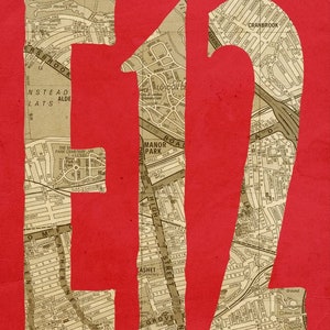 May include: A red background with the number "E12" in white, created using a map of London, England.