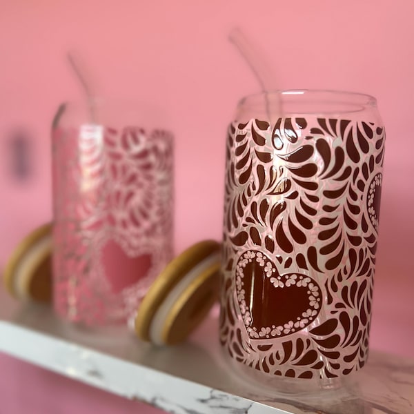 Talavera-Inspired Glass Can Cup | Mexican-Inspired Lace Heart Drinkware