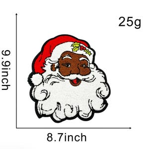 May include: A festive Santa Claus patch with a red hat, brown face, and white beard. The patch measures 9.9 inches high and 8.7 inches wide. The patch weighs 25g.