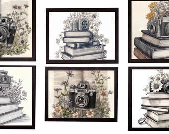 Pode incluir: Seis ilustrações emolduradas de câmeras vintage com flores e livros. Cada ilustração apresenta um modelo de câmera diferente e um arranjo de flores e livros.