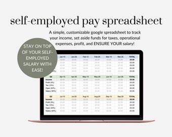 Könnte beinhalten: Ein Laptop-Computer zeigt eine Google-Tabelle mit dem Titel "self-employed pay spreadsheet" an. Die Tabelle ist so konzipiert, dass sie Einnahmen, Ausgaben und Gewinne für Selbstständige verfolgt. Die Tabelle enthält Spalten für Einnahmen, Gewinn, Steuern, Betriebskosten und Gehalt. Die Tabelle ist in Quartale unterteilt, wobei jedes Quartal Spalten für den 10. und 25. jedes Monats enthält.