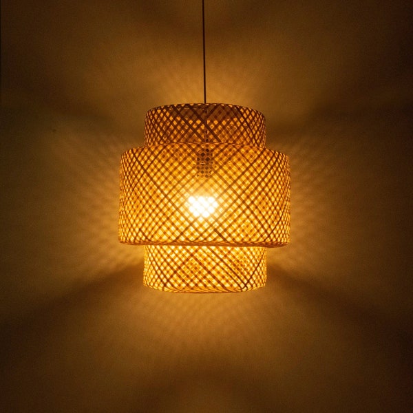 Hand-Woven Bamboo Pendant Light, Natural Chandeliers Domed Shape, Wicker Light Fixtures Ceiling Hanging for Living Room, Kitchen Island