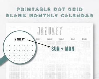 Dot Grid Printable Monthly Calendar Template | Modern Calendar PDF | Undated Minimal Planner Coloring Page | Sunday + Monday Start 8.5x11