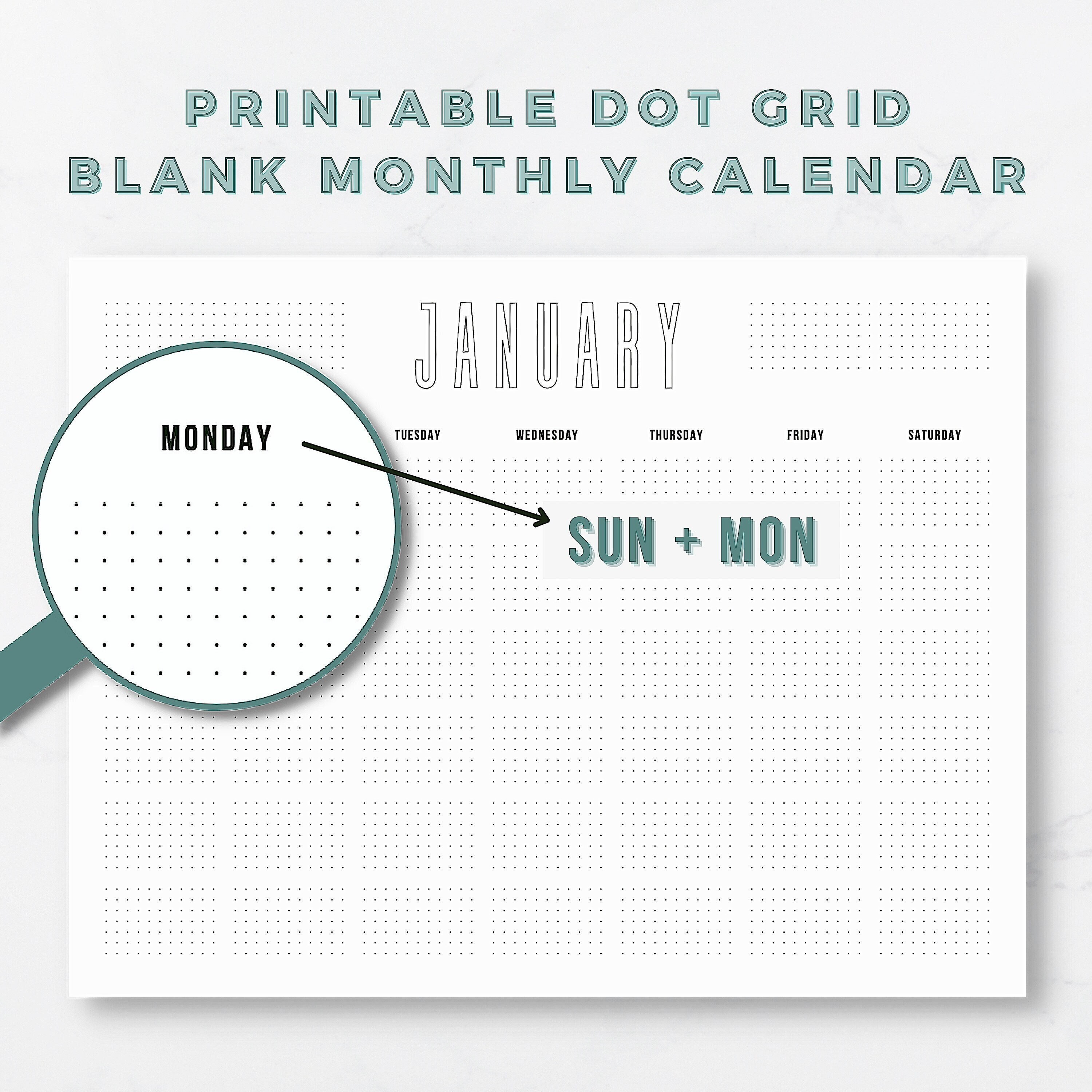 dot grid printable monthly calendar template modern calendar etsy