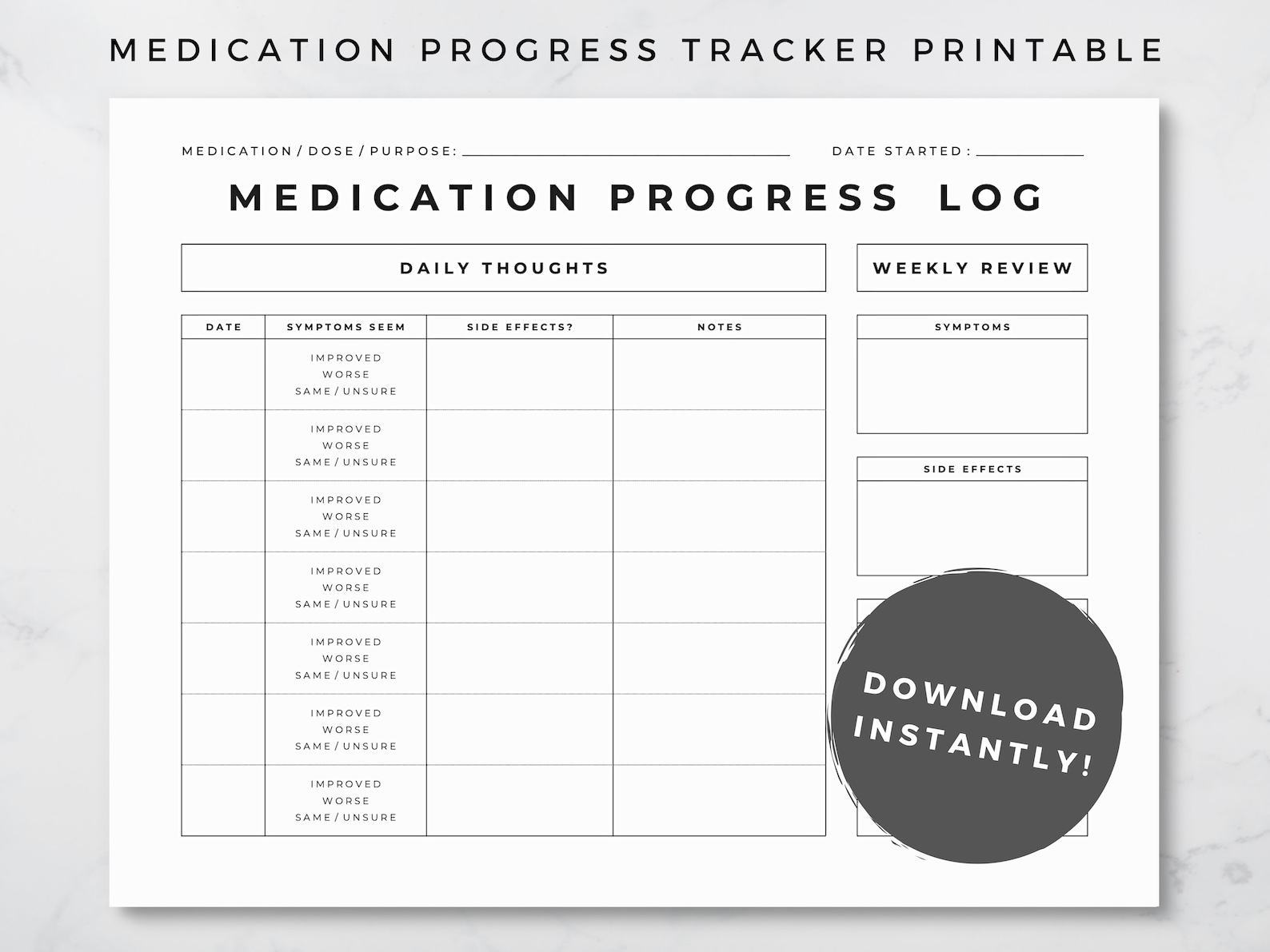 Medication Journal Printable Daily Medication Log With Symptom Tracker, Side Effect Tracker ...