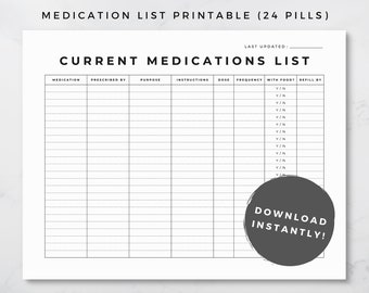 Medication List Printable, Medication Chart, Medication Sheet, Medication Organizer, Medication Printable, Current Medications List 8.5x11
