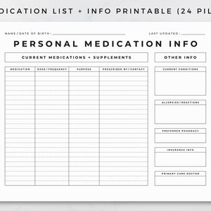 Medication Record Printable, Medication List and Info, Medical Information, Medical History Form, Medical Record Prescription Info 8.5x11