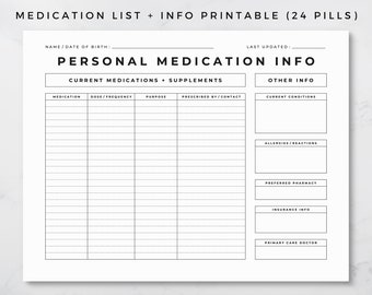 Medication Record Printable, Medication List and Info, Medical Information, Medical History Form, Medical Record Prescription Info 8.5x11