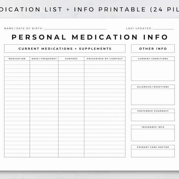 Medication Record Printable, Medication List and Info, Medical Information, Medical History Form, Medical Record Prescription Info 8.5x11