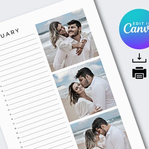 Calendário perpétuo Modelo de calendário fotográfico personalizado Canva, rastreador de aniversário para impressão, calendário fotográfico para impressão, calendário de aniversário editável A4