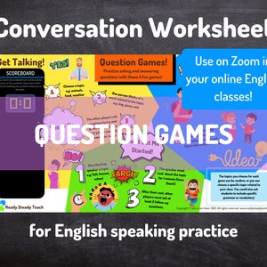 QUESTION GAMES conversation worksheet for online English classes. Designed to use on Zoom. Engaging and interactive. Question practice.
