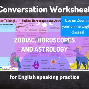 ZODIAC conversation worksheet for online English / ESL classes. Designed to use on Zoom. Engaging and interactive. Discussion questions.