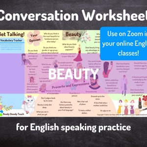 BEAUTY conversation worksheet for online English / ESL classes. Designed to use on Zoom. Engaging and interactive. Discussion questions.