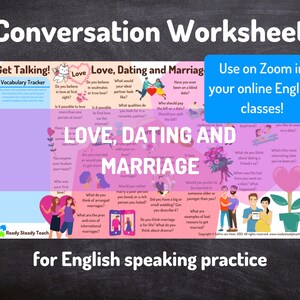 LOVE, DATING and MARRIAGE conversation worksheet for online English classes. Designed for Zoom. Engaging, interactive. Discussion questions.