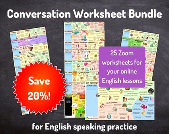 BUNDLE: Save 20%. 25 conversation worksheets for English / ESL / TEFL classes. A-Z topics. Designed to use on Zoom. Engaging and interactive