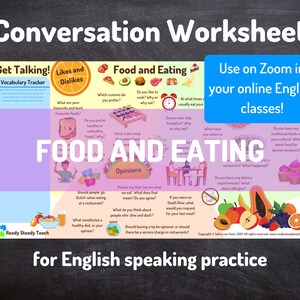 FOOD and EATING conversation worksheet for online English / ESL classes. Designed for Zoom. Engaging, interactive. Discussion questions.