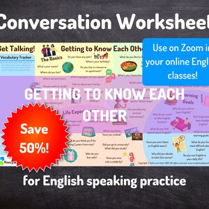 GETTING TO KNOW Each Other conversation worksheet for online English classes. Use on Zoom. Engaging, interactive. Discussion questions.
