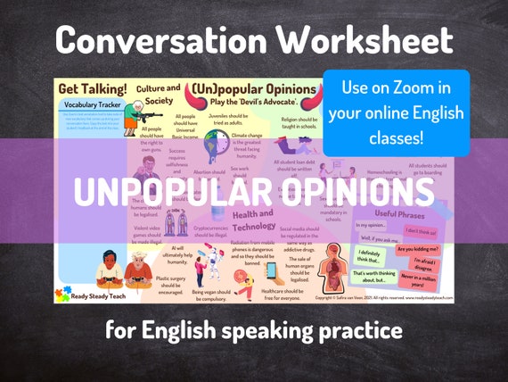 UNPOPULAR OPINIONS conversation worksheet for online English / ESL classes. Use on Zoom. Engaging and interactive. Discussion questions.