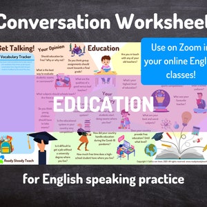 EDUCATION conversation worksheet for online English / ESL classes. Designed to use on Zoom. Engaging and interactive. Discussion questions.