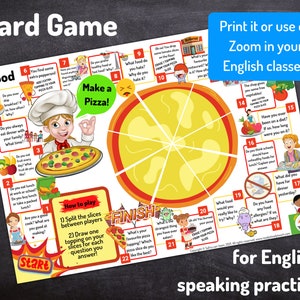 Puede incluir: Un juego de mesa colorido con temática de pizza para estudiantes de inglés. El tablero de juego presenta una pizza grande con rebanadas en las que los jugadores pueden aterrizar. Cada rebanada tiene una pregunta sobre comida y hábitos alimenticios. El juego incluye instrucciones sobre cómo jugar y una lista de preguntas para que los jugadores respondan.