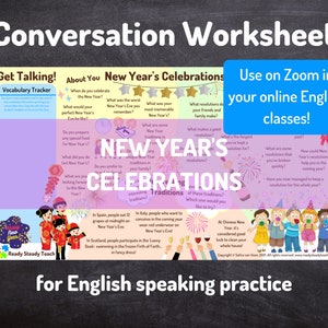 NEW YEAR'S CELEBRATIONS conversation worksheet for online English classes. Designed for Zoom. Engaging, interactive. Discussion questions.