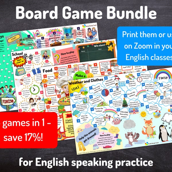 BUNDLE: 4 board games for English / ESL classes. Save 17%. Printable or play on Zoom. English speaking practice. Inbuilt reward systems.