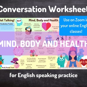 MIND, BODY and HEALTH conversation worksheet for online English classes. Designed for Zoom. Engaging, interactive. Discussion questions.