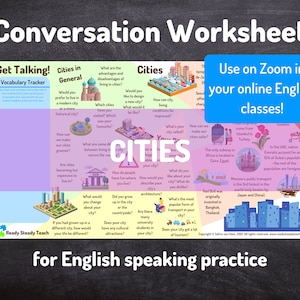 CITIES conversation worksheet for online English / ESL classes. Designed to use on Zoom. Engaging and interactive. Discussion questions.